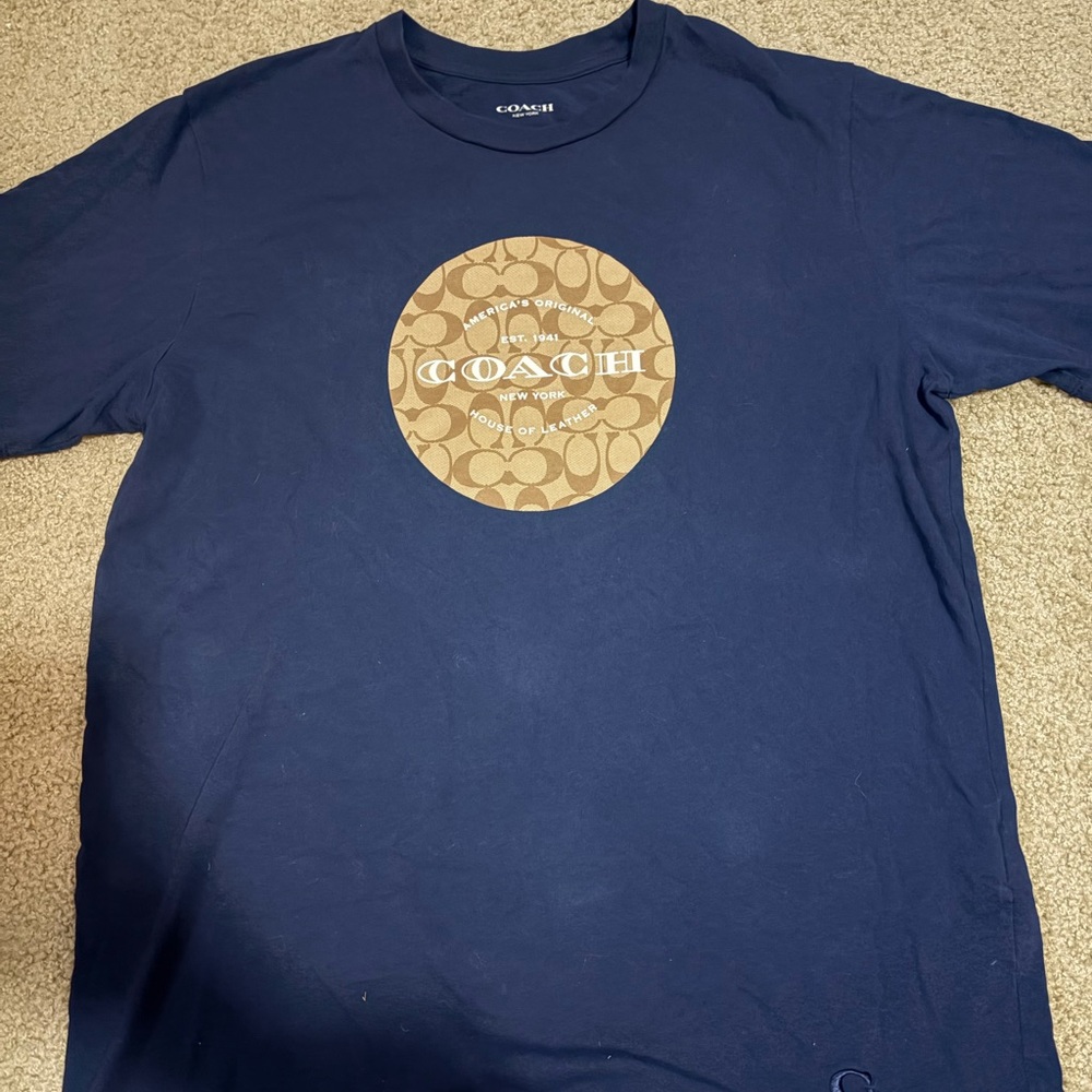 Coach Men's Blue Tee with Tan Logo